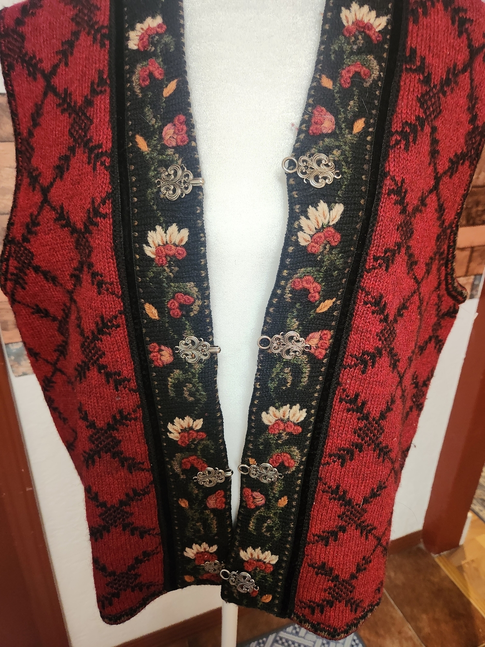 Red Embroidered Knit Vest with Floral Trim - Women's Layering Vest - Picture 4 of 10
